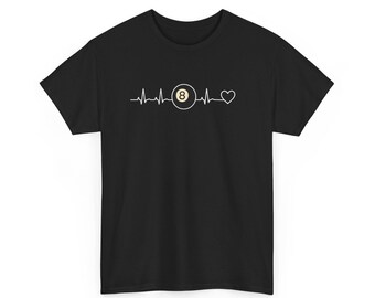 Camiseta oscura con latido de bola 8, camiseta de jugador de billar con electrocardiograma, camiseta unisex con línea de corazón de billar