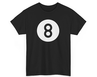 Camiseta de billar minimalista con diseño de bola 8 negra llamativa, unisex, ideal como regalo para aficionados al billar, con diseño de tiburón de billar.