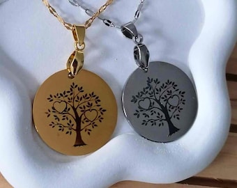 Personalized Tree of Life Necklace – Pendant Up to 5 Engraved Initials – Gold or Silver Stainless Steel – Mom Family Gift