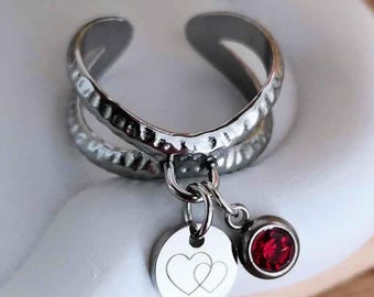 Customizable Stainless Steel Adjustable Ring - Initial Charm, Astrological Sign or Symbol - Unique Women's Jewelry Gift - Handmade Jewelry