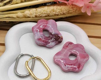 Plum and pink marbled flower earrings – Modern organic design – Unique handmade – Women’s gift