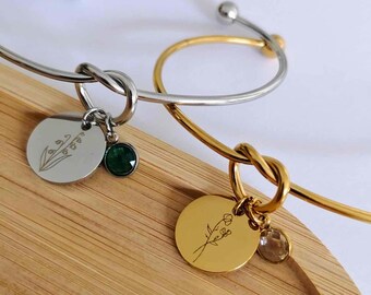 Stainless Steel Bangle Bracelet with Birth Flower and Birthstone - Personalized Jewelry Engraved with Name, Initials or Message