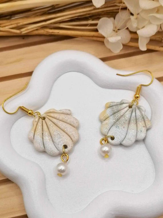 White shell & pearl earrings – Marine spirit – unique handmade in polymer clay – Women’s gift