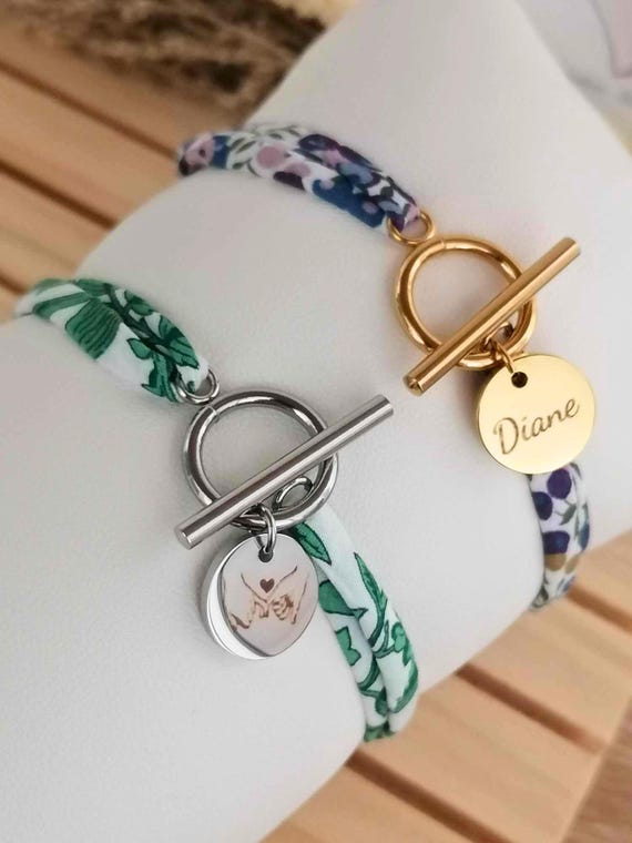 Personalized liberty bracelet with engraved medal, stainless steel T clasp, women's gift, birth, floral fabric, first name jewelry