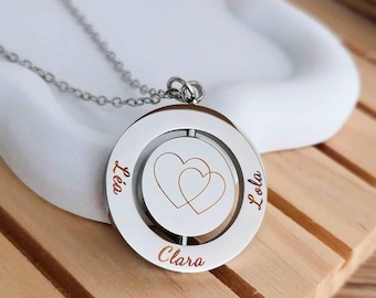 Personalized necklace with round swivel pendant – Engraved first names & pictogram/message – Stainless steel – birth – birthday – Christmas