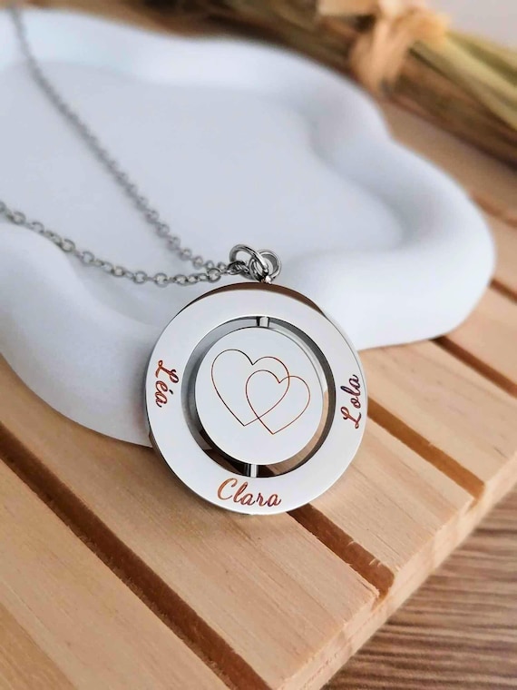 Personalized necklace with round swivel pendant – Engraved first names & pictogram/message – Stainless steel – birth – birthday – Christmas