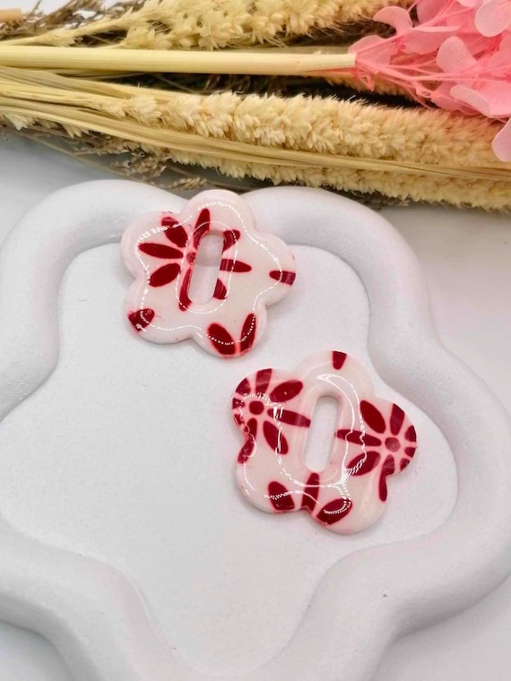 Interchangeable red floral pattern earrings, modern style - unique handmade in an artisanal way - Gift for women