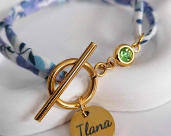 Personalized Liberty cotton cord bracelet • Engraved medal & birthstone • Gift for mom, birth, godmother, friend, woman