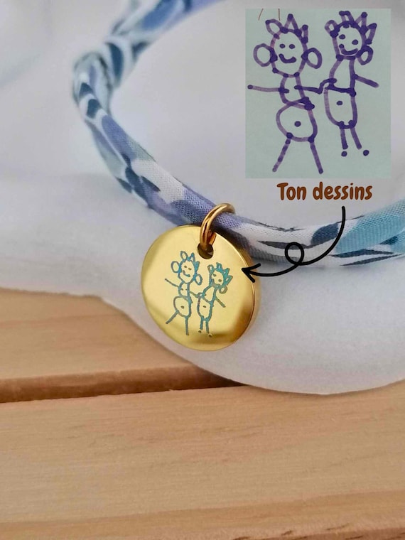 Personalized child's drawing bracelet - Engraved stainless steel medal - Liberty cord of your choice - Gift for mom, teacher, nanny...