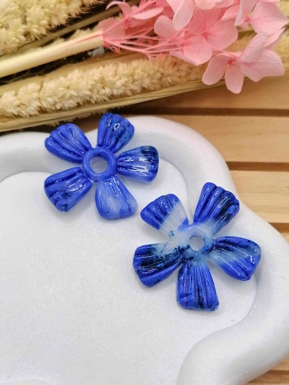 Interchangeable blue striped flower earrings – Original design – unique handmade – Women’s gift