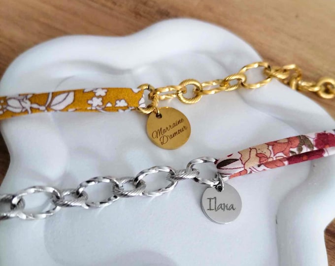 Featured listing image: Liberty fabric bracelet with personalized medal - Engraved jewelry for women - Gift for godmother, nanny, teacher - Christmas
