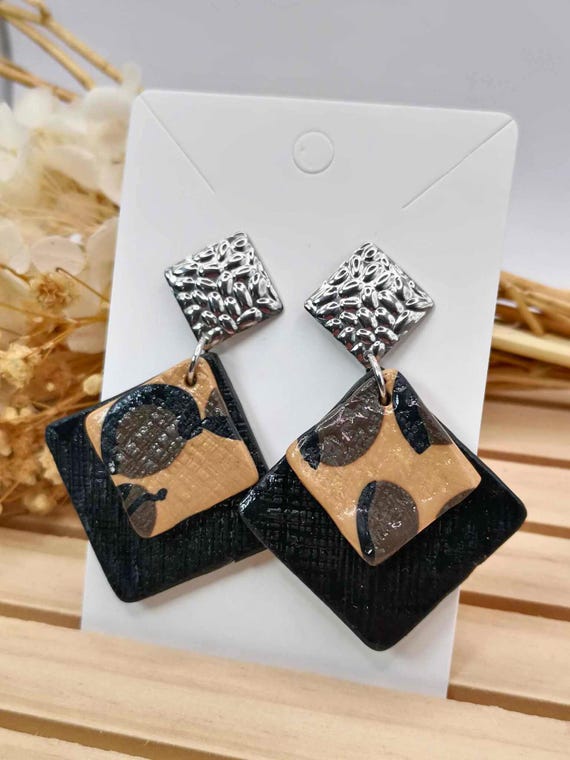 Geometric Leopard Effect Earrings - unique handmade in polymer clay in France