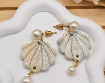 White shell & pearl earrings – Marine spirit – unique handmade in polymer clay – Women’s gift
