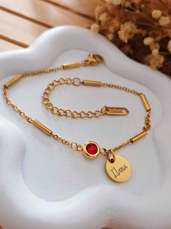 Personalized stainless steel bracelet with birthstone & engraved medal - Gift for women, mother, birth, birthday...