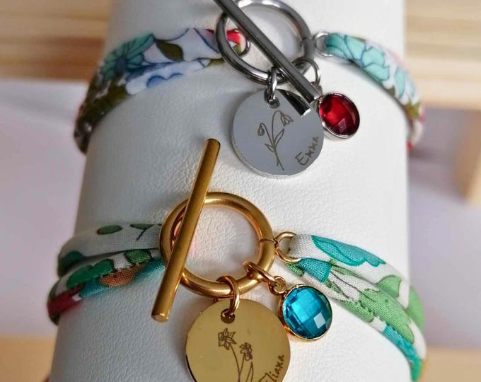 Featured listing image: Personalized Liberty bracelet • Medal engraved with first name & flower • Birthstone • floral fabric • gift for women, mother, nanny, birth