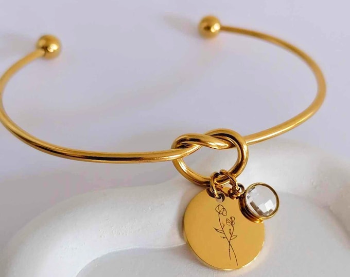 Featured listing image: Stainless Steel Bangle Bracelet with Birth Flower and Birthstone - Personalized Jewelry Engraved with Name, Initials or Message