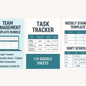 Puede incluir: Un paquete de plantillas digitales para la gestión de equipos, que incluye un rastreador de tareas, una plantilla de reunión semanal y un horario de turnos. El rastreador de tareas está diseñado para Google Sheets.