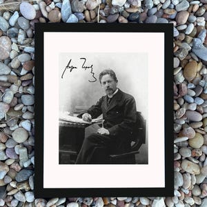 May include: A framed black and white photograph of Anton Chekhov, seated at a desk, with his signature in the upper left corner. The photograph is set against a white background within the frame. The background is a mix of small, colorful stones.