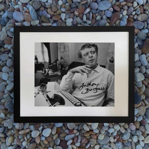May include: Black and white framed photograph of a man seated at a desk with a typewriter. The man is wearing a white shirt with the name "Anthony Burgess" written on it. The photograph is displayed on a background of small, colorful stones.