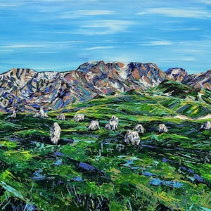 May include: An oil painting depicts a vibrant landscape with rolling green hills and a majestic mountain range under a bright blue sky. White, upright stones are scattered across the foreground, adding a unique element to the scene.