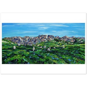 May include: An oil painting depicting a vibrant landscape with a herd of sheep grazing in a lush green field. The background features a range of majestic mountains under a bright blue sky. The artwork is a landscape painting.
