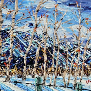 May include: An impasto oil painting depicts a winter landscape with snow-covered ground and mountains in the background. White birch trees with sparse red and orange leaves stand in the foreground. A green fence runs along the bottom.