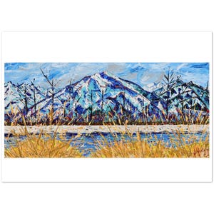 May include: An original landscape painting depicting snow-covered mountains, a blue lake, and golden grasses. The artwork uses thick brushstrokes in shades of blue, white, and yellow, creating a textured effect. The sky is a light blue with wispy clouds.