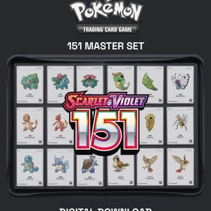 Può includere: Un download digitale che mostra una pagina di un raccoglitore per il Pokémon Trading Card Game 151 Master Set. L'immagine presenta una griglia di carte collezionabili bianche con illustrazioni di vari Pokémon e il logo Scarlet & Violet 151 al centro.