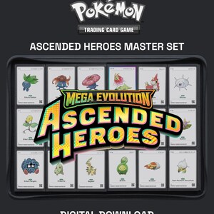 May include: A black binder containing a collection of Pokémon trading cards, featuring the text Pokémon Trading Card Game, Ascended Heroes Master Set, and Mega Evolution Ascended Heroes. The cards display various illustrated creatures on white backgrounds.