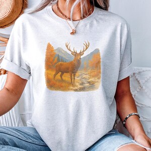 Retro Deer Wilderness Scene Women&#39;s Shirt - Nineties Vintage Buck in Autumn Outfit - Boho Women&#39;s Crewneck Shirt