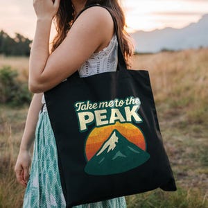 Take Me To The Peak Tote Bag | Mountain Adventure Canvas Bag with Sunset Peak Design | Eco-Friendly Hiking Tote for Outdoor Enthusiasts