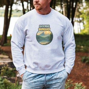 Scenic Sunday Sweatshirt for Men | Cozy Mountain Lake Sunset Pullover for Nature Lovers, Hikers & Weekend Adventure Vibes | Hiking Sweater