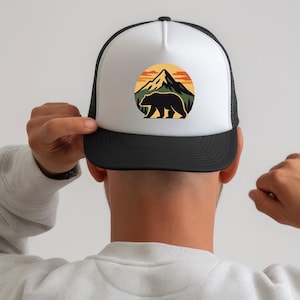 Sunset Bear Snapback Hat | Wilderness Silhouette Mountain Sunset Mesh Cap | Adventure Bear Hat for Men & Women, Hiking and Camping Gear