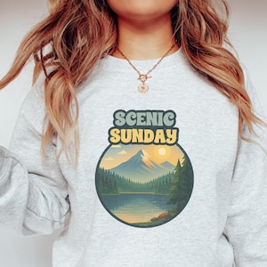 Scenic Sunday Sweatshirt for Women | Cozy Mountain Lake Sunset Pullover for Nature Lovers, Hikers & Weekend Adventure Vibes | Hiking Sweater