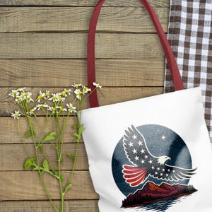 Patriotic Eagle Tote Bag | USA Flag Red-White-Blue Soaring Eagle Over Mountain Lake | Reusable Canvas Shopping Bag | 4th of July Gift