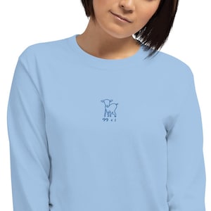 100% Cotton Christian Shirt | Blue Embroidery Lamb Shirt | Unisex Faith-Based Lamb Long Sleeve Tee