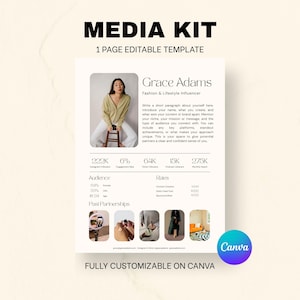 May include: A beige media kit template with the text "MEDIA KIT" and "1 PAGE EDITABLE TEMPLATE". The template includes a photo of a woman, Grace Adams, and details about her audience and roles. The Canva logo is visible.