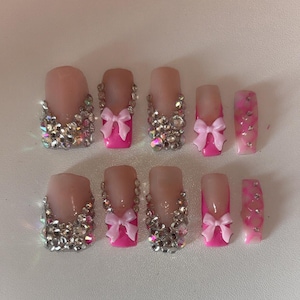 Press on nails/ Pink bling and bow charms/ Handmade, Reusable, all shapes and lengths available/ glossy or matte finish/