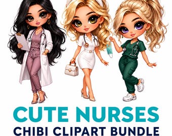 Bundle de cliparts Chibi infirmière mignonne, 18 fichiers PNG de soins de santé kawaii, sublimation transparente 300 DPI pour les enveloppes de verres et les autocollants de planificateur, vie d'infirmière