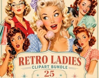 Bundle de cliparts ménagère rétro, 25 femmes vintage des années 1950 PNG, expressions faciales drôles, portraits de femmes pin up