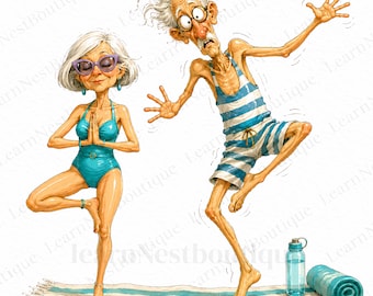 15 drôle d'été Couple de personnes âgées PNG Clipart Bundle, aquarelle lunatique grand-mère grand-père vacances plage, vieux couple sublimation