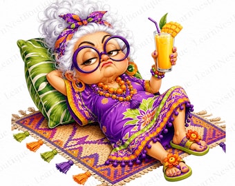 16 Clipart de grand-mère de plage drôle PNG, lot de sublimation d'été de vieilles dames grincheuses impertinentes