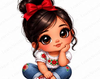 Bundle PNG Chibi bébé fille mexicaine, 15 cliparts jolie fille Latina, Fiesta Mexicana Sublimation, poupée hispanique PNG