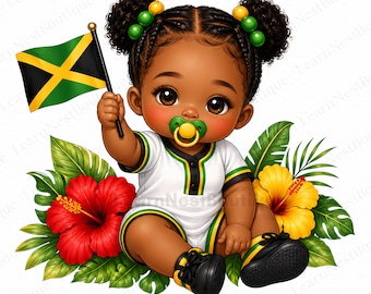 12 bébé fille Jamaïque PNG, clipart Chibi jamaïcain, mignon bambin noir PNG, sublimation bébé des Caraïbes