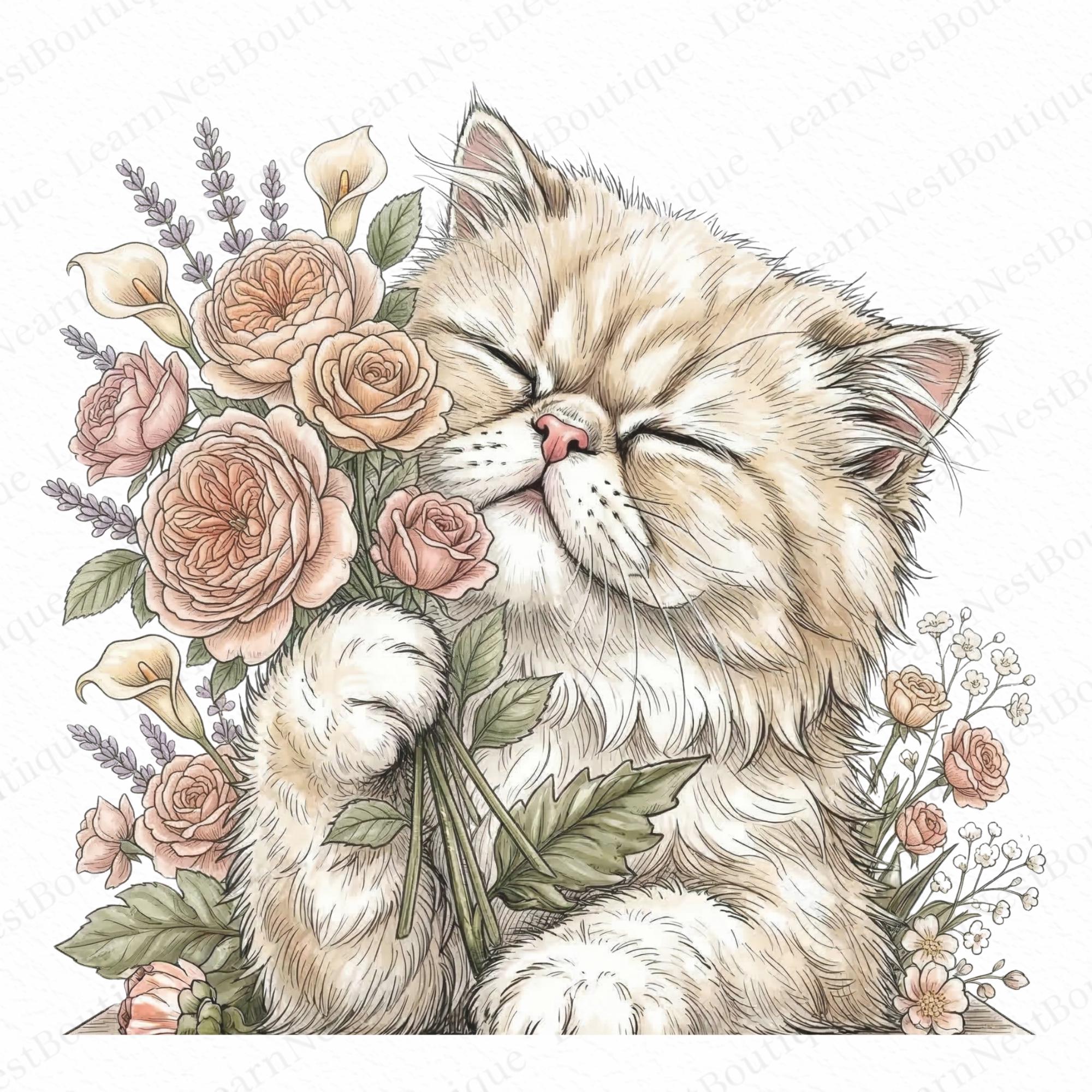 Watercolor Floral Cat Clipart Bundle - Cute Kitten and Sunflower PNG ...