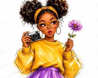 Bundle de 15 cliparts fille afro-américaine, aquarelle mode afro PNG, art mignon poupée mode, graphiques de journal indésirable