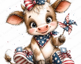 Bundle patriotique de cliparts vache bébé, 10 PNG vache du 4 juillet, mignon veau américain aquarelle, cliparts Sublimation USA
