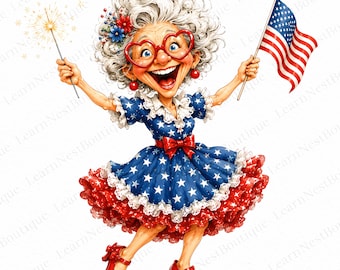 Paquete de 14 imágenes PNG de abuelas patrióticas, imágenes prediseñadas divertidas de ancianas para el 4 de julio, sublimación de abuelas con la bandera de EE. UU., imágenes PNG del Día de la Independencia de Estados Unidos