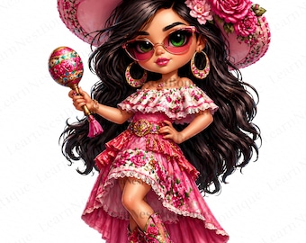 Chibi Mexican Girl PNG, Clipart Cinco de Mayo rose, Sublimation Latina Fiesta Girl, lunettes de soleil sombrero, bottes de cow-girl