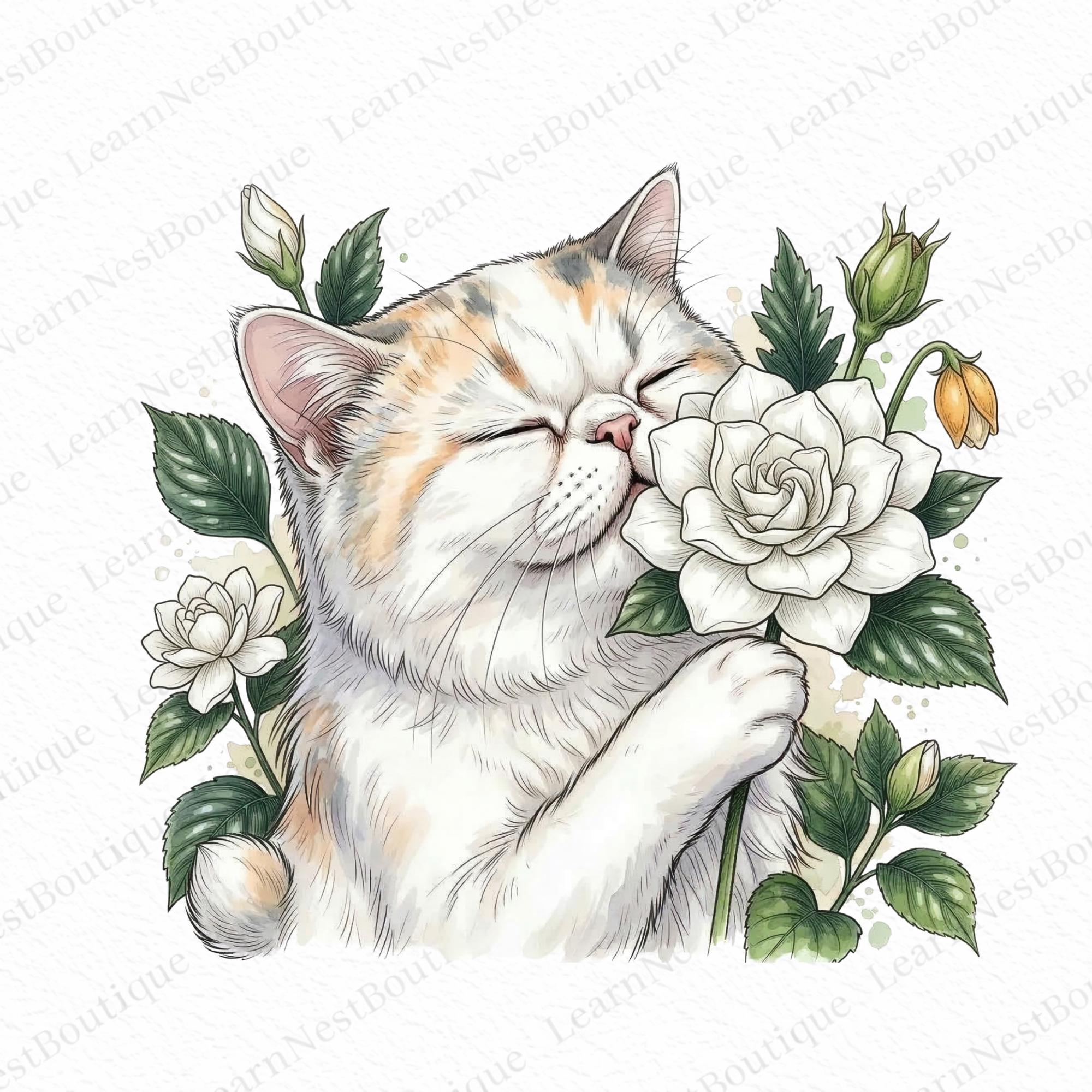 Watercolor Floral Cat Clipart Bundle - Cute Kitten and Sunflower PNG ...